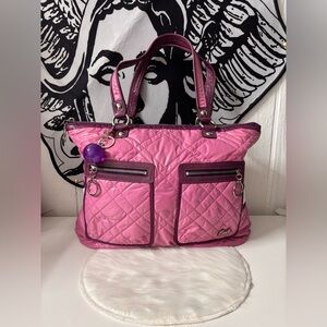 Coach Poppy quilted nylon ski bunny glam tote bag.